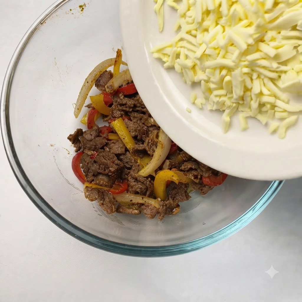 シュレッドモッツァレラチーズが白い皿から調理済みの牛肉と野菜が入ったガラスボウルに注がれている様子