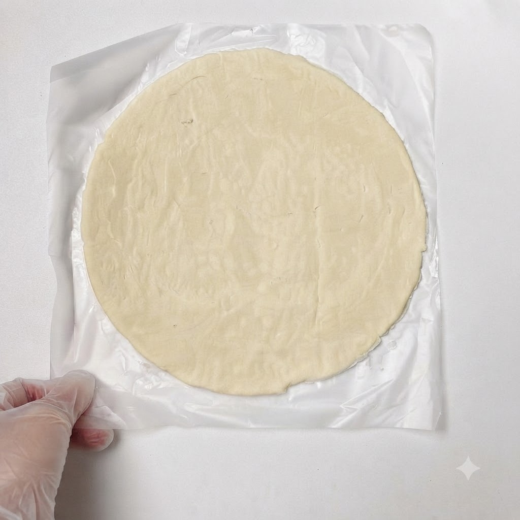調理された牛肉とチーズの具材の適量が丸い生地の中央に置かれている様子