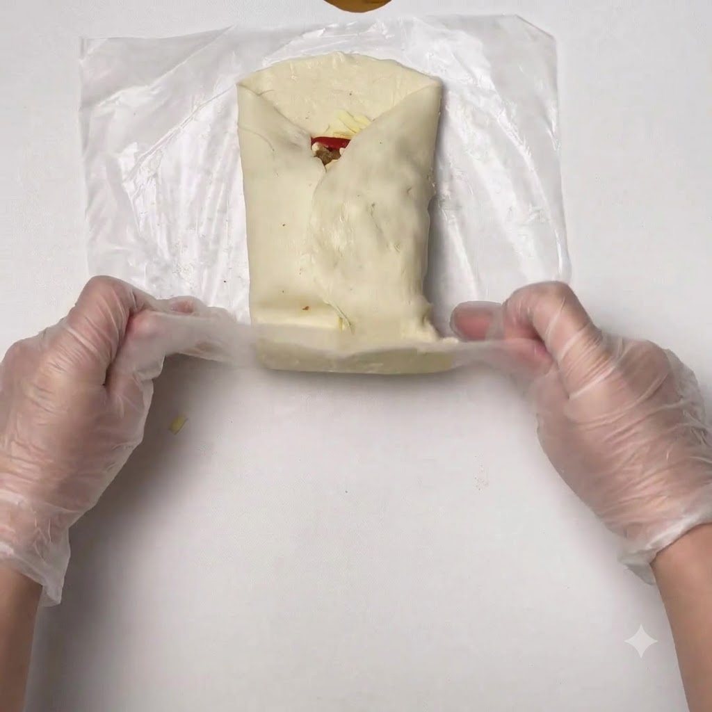 プラスチックフィルムを使って生地の端を折りたたみ、具材の周りを包み込んでいる様子