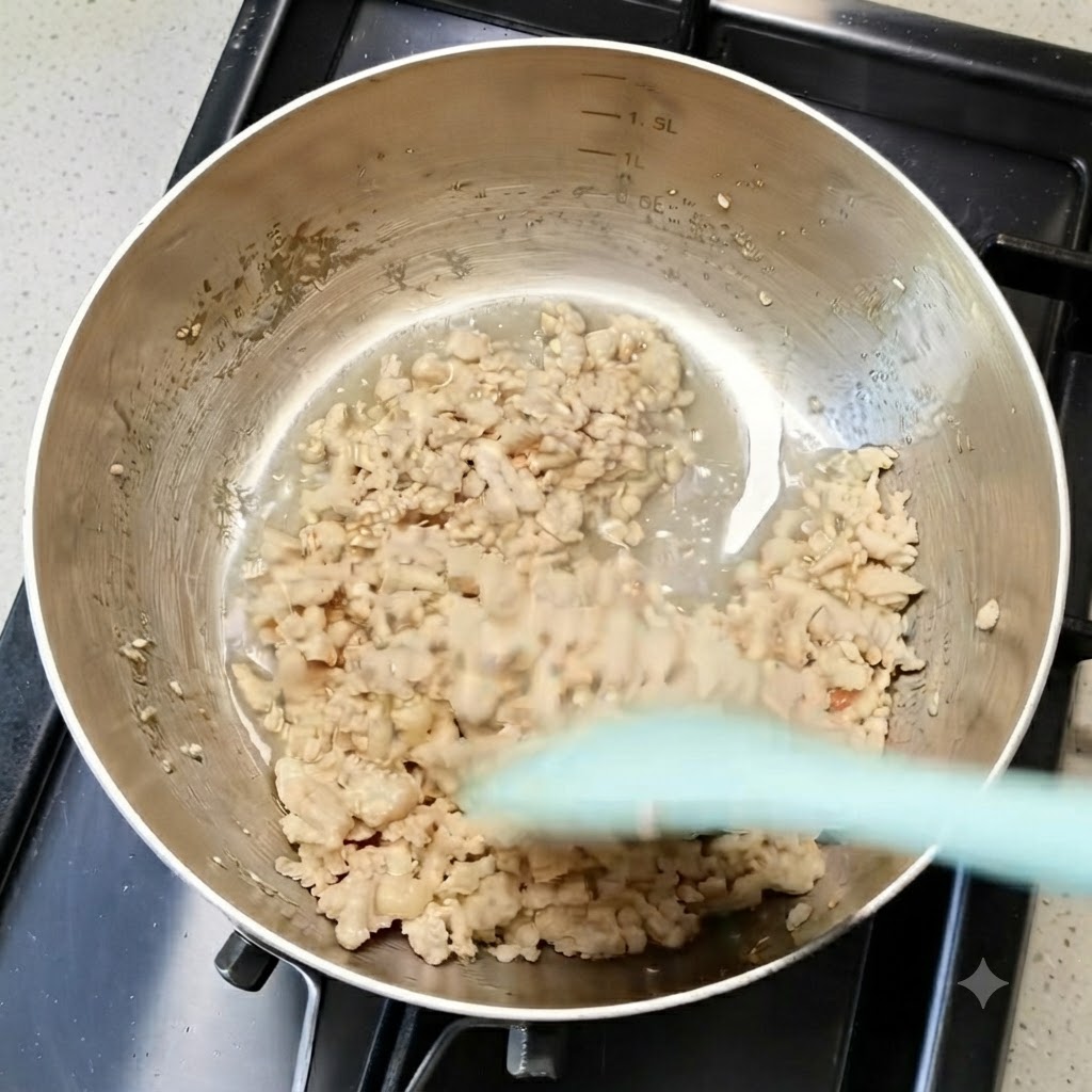 金属製のフライパンの中で、緑色のスパチュラを使って加熱中の鶏ひき肉を混ぜ合わせている様子。