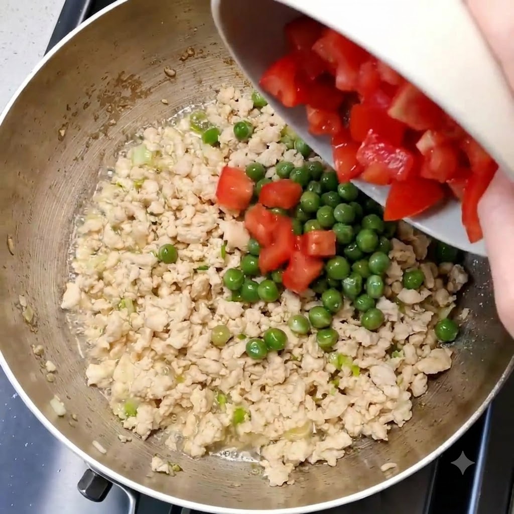 お皿から、鶏肉、グリーンピース、香味野菜の入ったフライパンへと角切りトマトが流し込まれている様子。