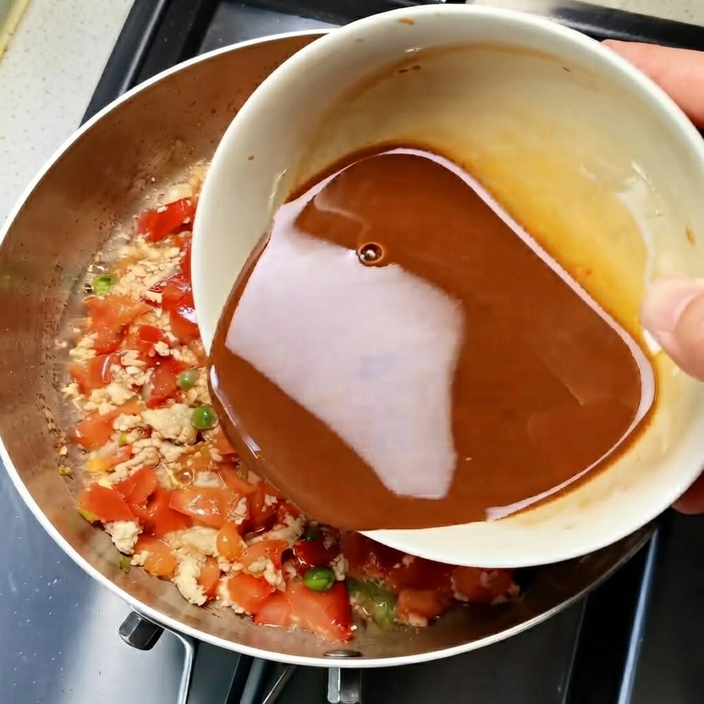 調理済みのひき肉、トマト、ピースが入ったフライパンに、白いボウルからプレミックスブラウンソースが注がれている様子。