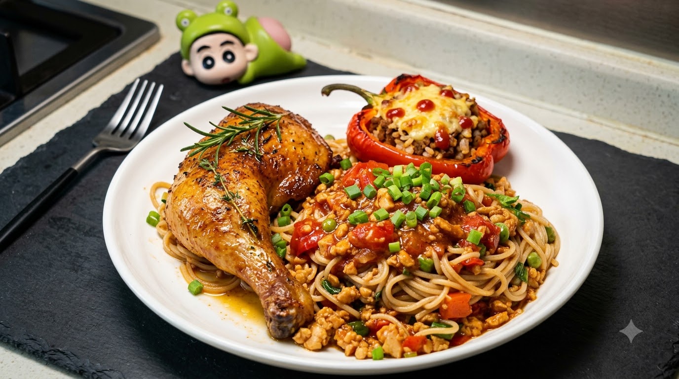 トマトと鶏ひき肉のスパゲッティ 2種類のサイドを添えて