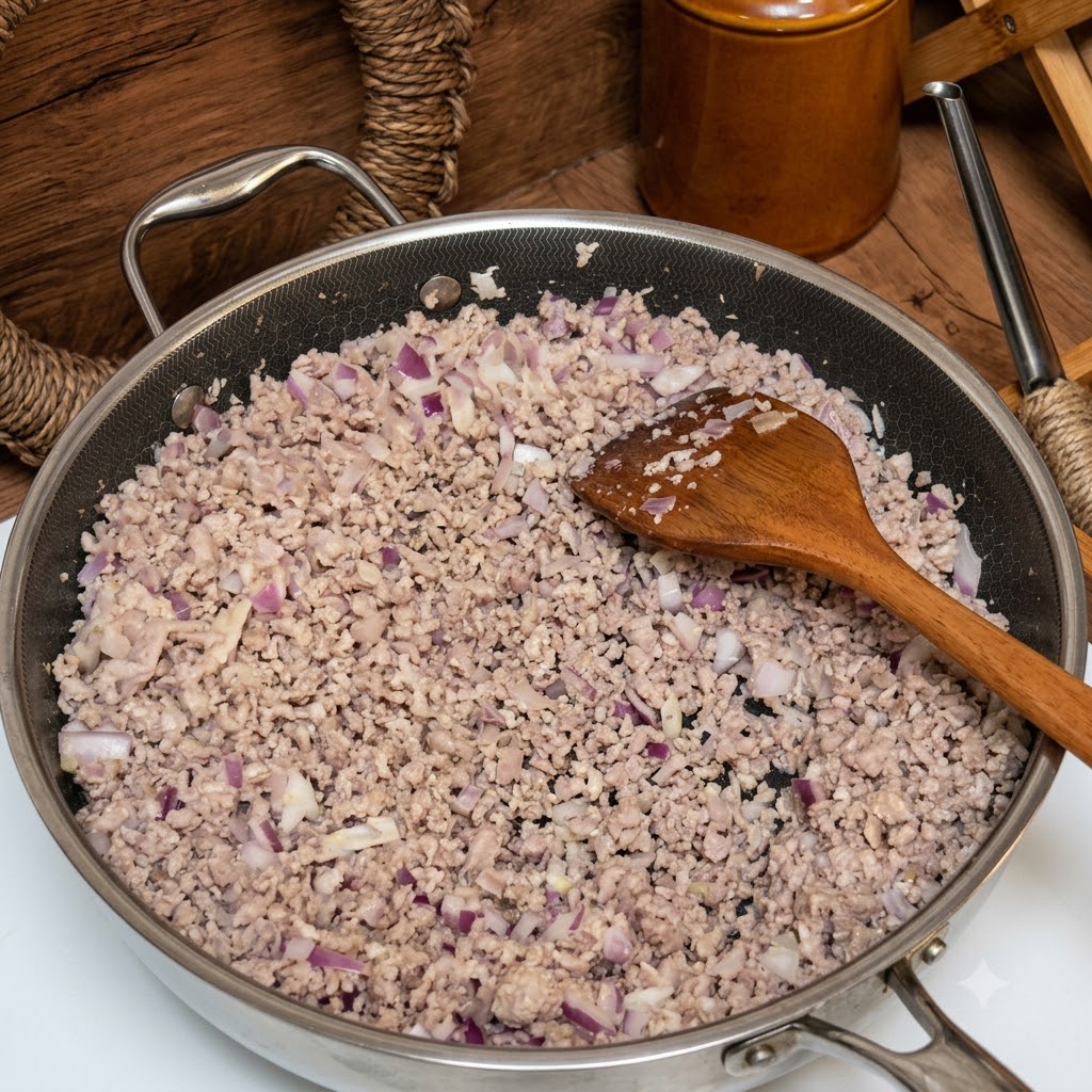 茶色く炒めたひき肉と玉ねぎが入ったスキレットに、フレッシュトマトとカットトマト缶を注いでいる様子。