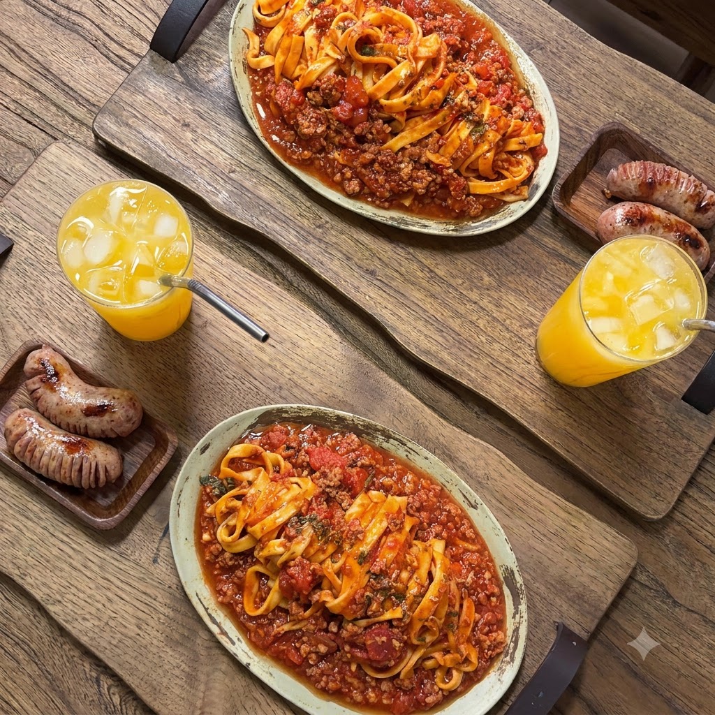 パスタメーカーのアタッチメントから、フレッシュなフェットチーネヌードルがボードの上に押し出されている様子。