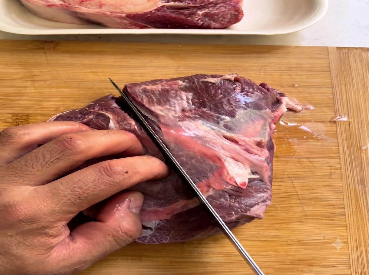 木製のまな板の上で、大きな生の牛ほほ肉がナイフでスライスされている様子。
