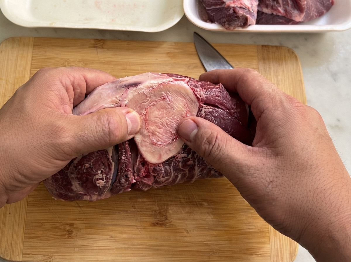中央に骨髄の輪がある厚切りの牛すね肉が、木製のまな板の上に置かれている様子。
