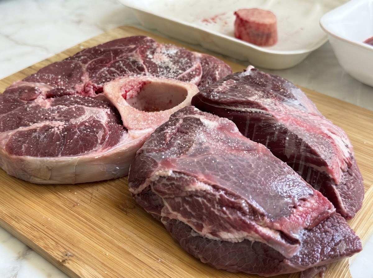 木製のまな板の上に並べられた生の牛肉と骨髄に、粗塩と黒こしょうが均等に振られている様子。