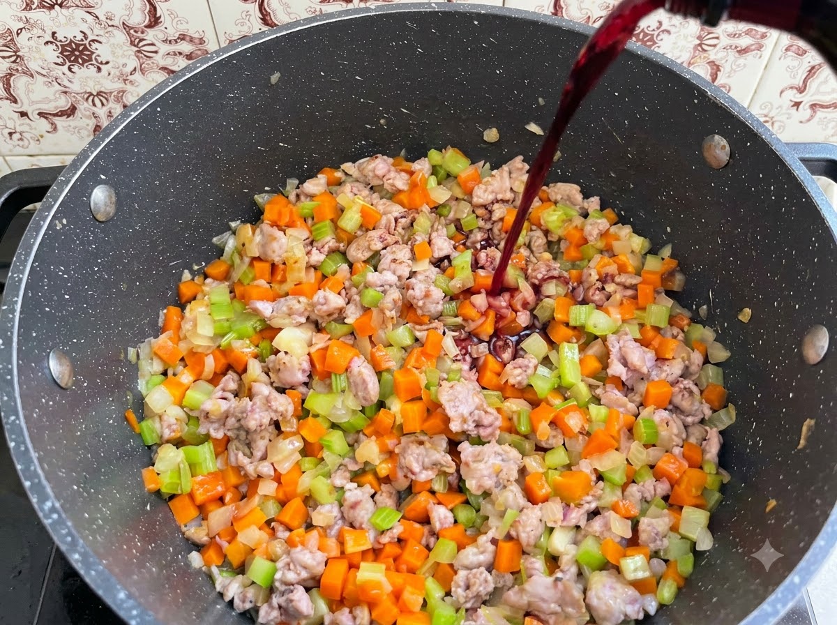 野菜と肉の入った鍋に、ボトルから赤ワインが注ぎ入れられている様子。