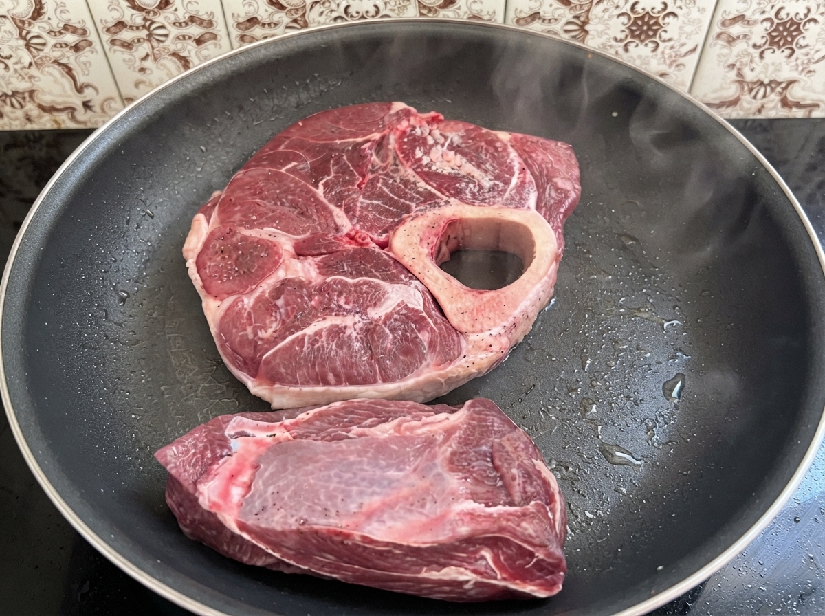 熱したフライパンで、湯気を上げながら下味をつけた牛肉の表面が香ばしく焼かれている様子。