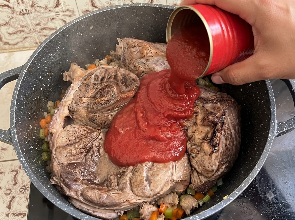 牛肉と炒め野菜の入った大きな鍋に、赤い缶からトマトピューレが注ぎ入れられている様子。