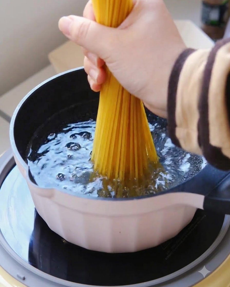 ぐつぐつと沸騰した鍋の中に、乾燥スパゲッティの束を垂直に沈めている様子。