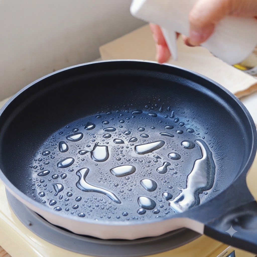 黒いフライパンの表面にクッキングオイルのしずくが広がっている様子。