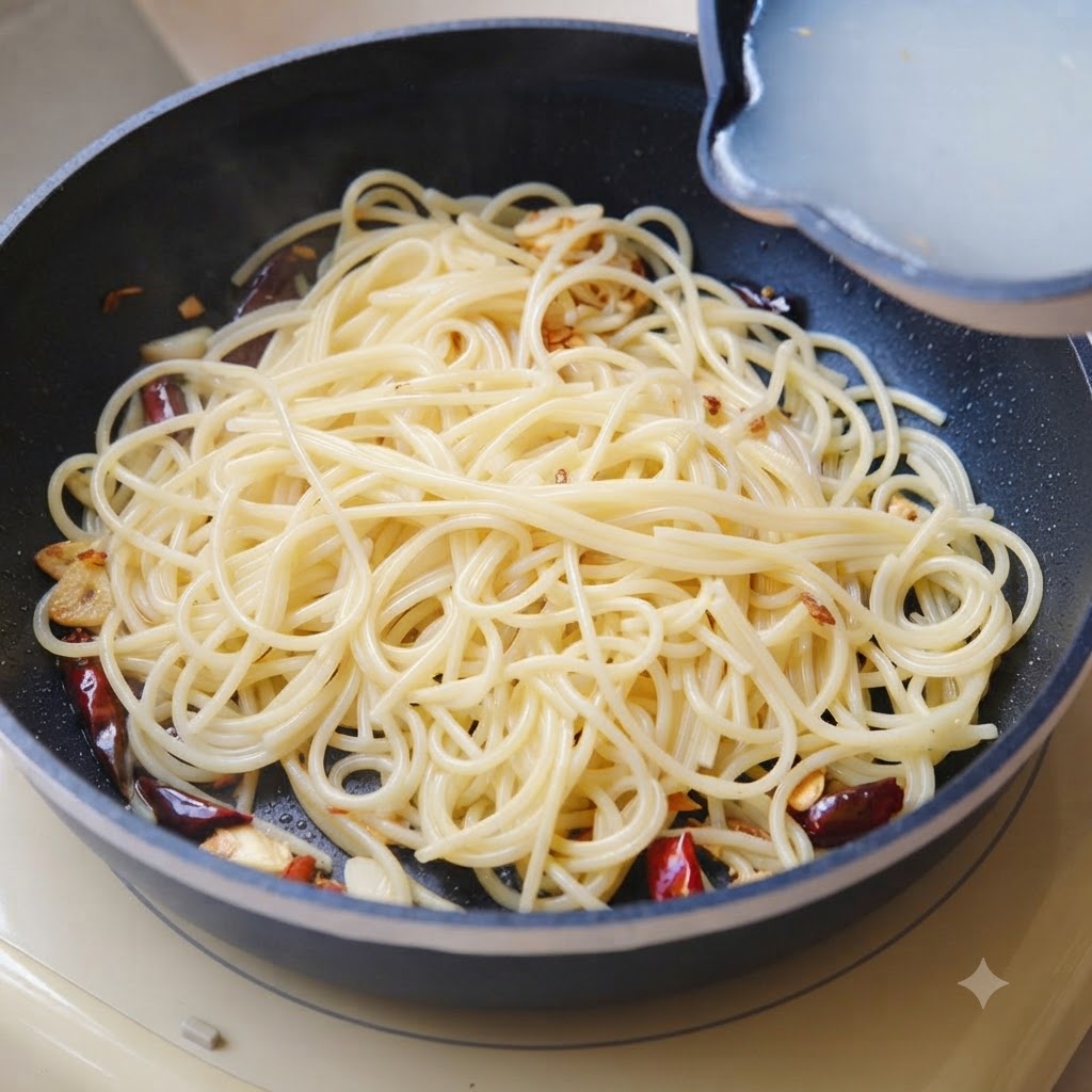 小さな鍋から、茹で上がったスパゲッティの入ったフライパンにパスタの茹で汁を注ぎ入れている様子。