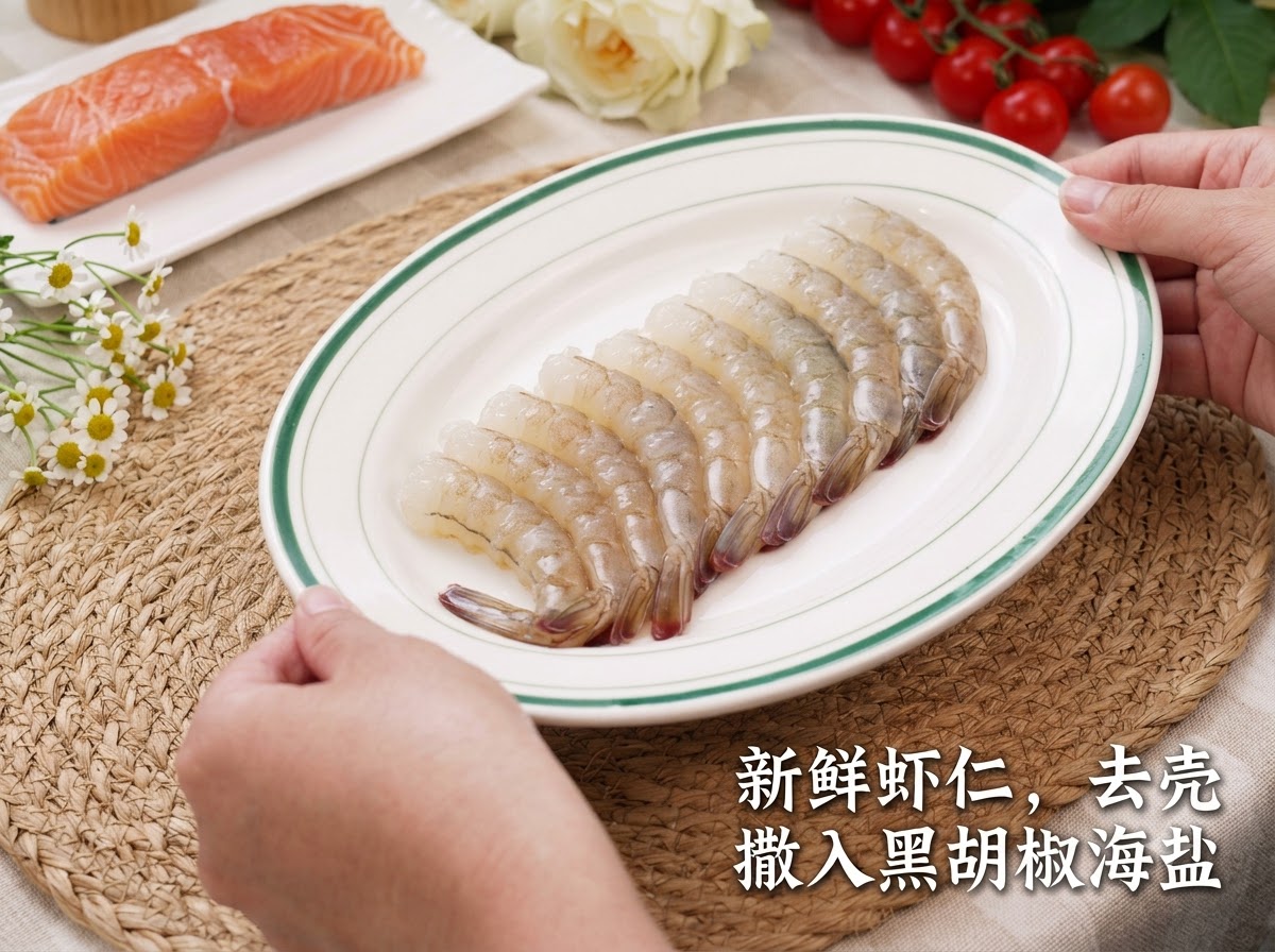 白いたて皿にきれいに並べられ、黒こしょうと海塩が振られた殻付きの生エビ。