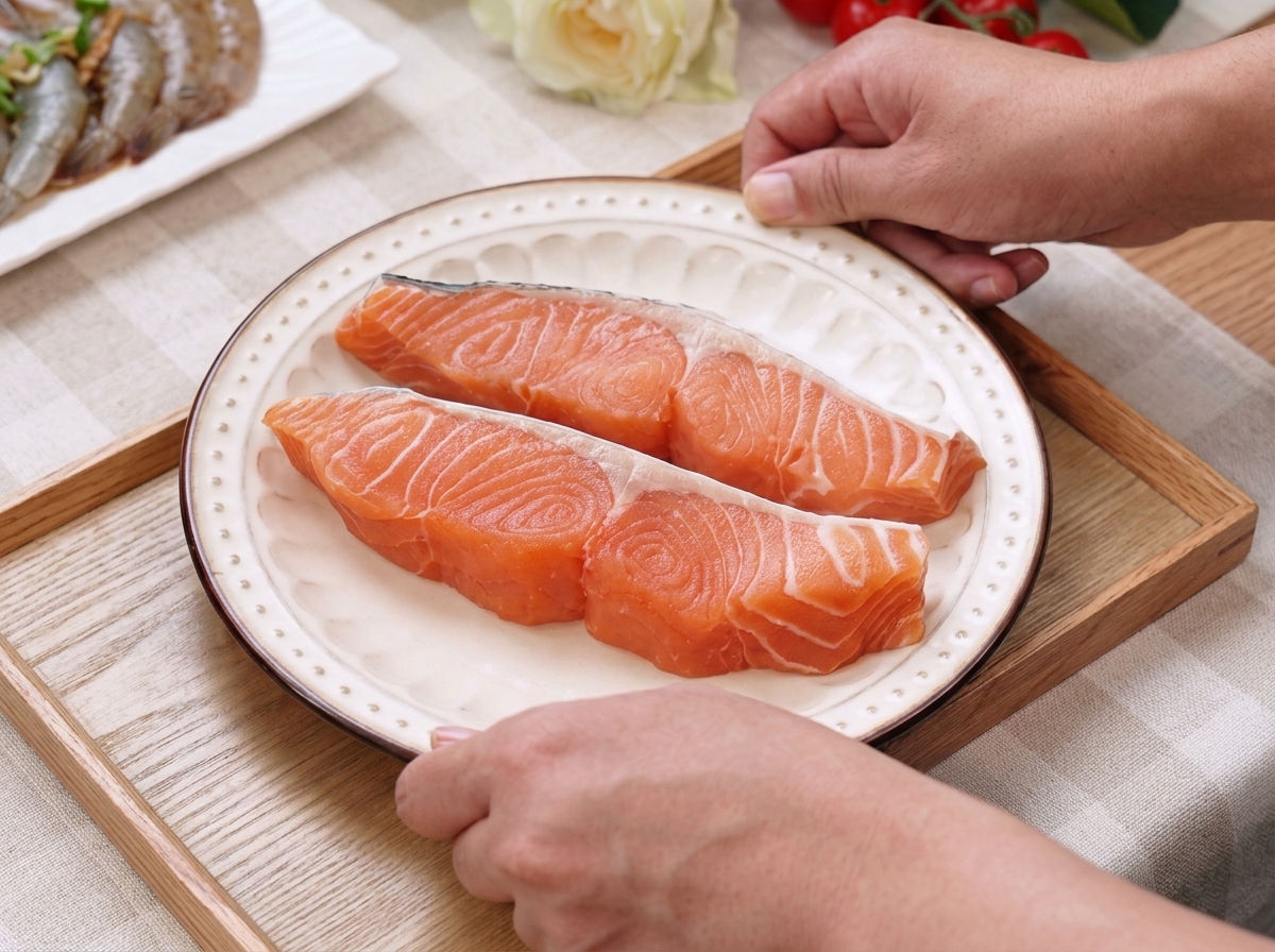 白い皿にのせられ、塩とこしょうで味付けされている2切れの新鮮なサーモンフィレ。