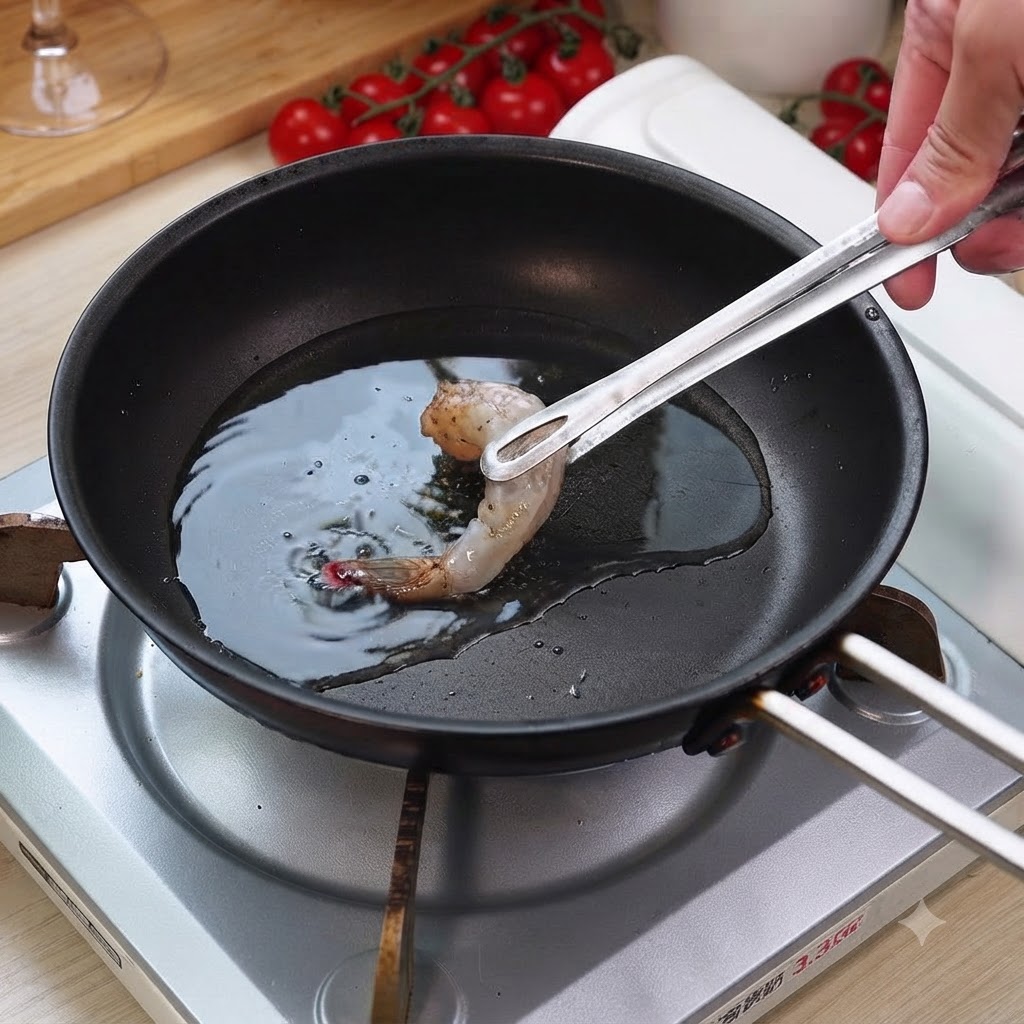 キッチントングを使って、下味をつけたエビを油を熱したフライパンに入れている様子。