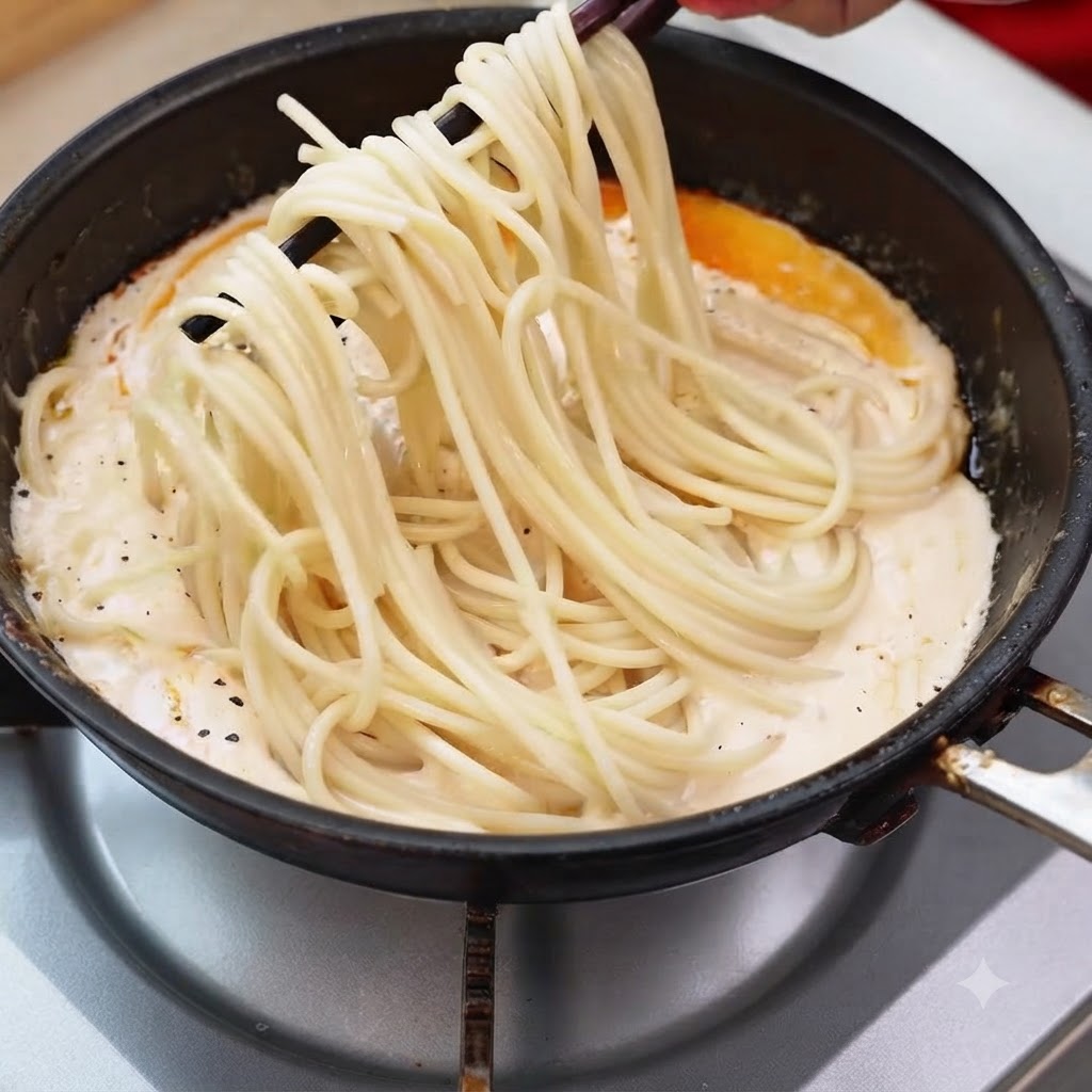 エビの入ったクリーミーなパンソースの中で、茹でたスパゲッティを箸で持ち上げている様子。