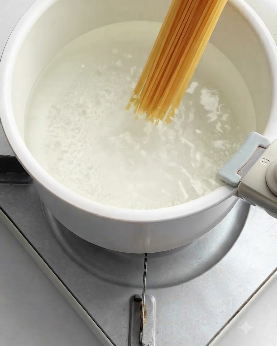 グラグラと沸騰した白の寸胴鍋に、束ねられた長いスパゲッティの麺が投入されている様子。