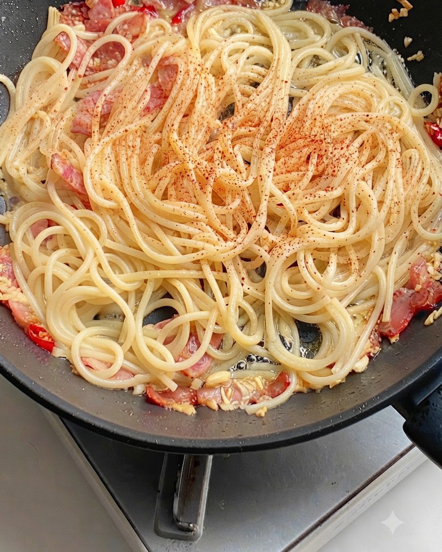 フライパンの中のパスタの麺に、濃い色のオイスターソースが細くかけられている様子。
