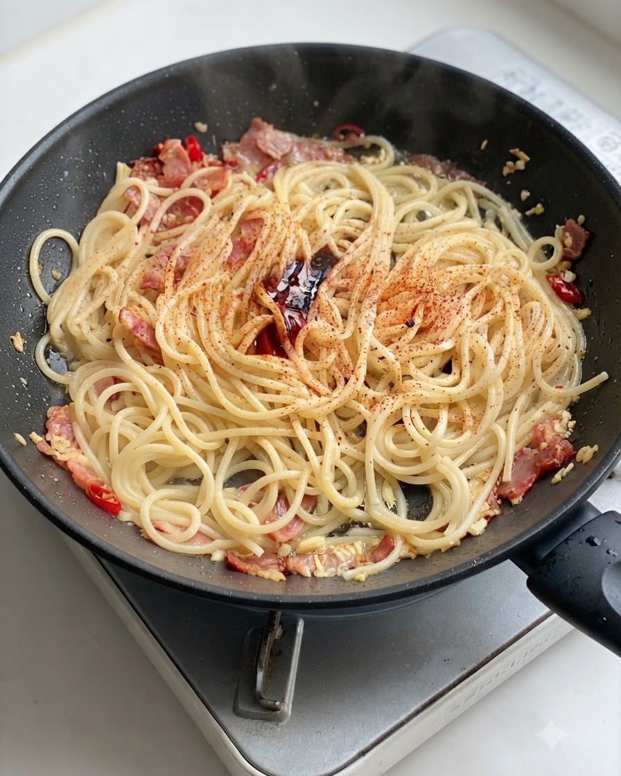 味付けされたフライパンの中のスパゲッティに、フレッシュな黒こしょうが挽きかけられている様子。