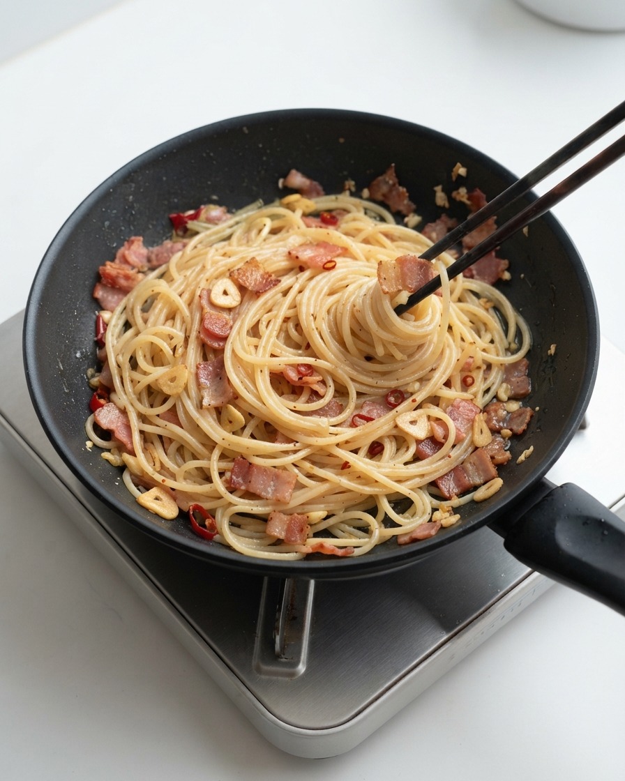 フライパンの中で、箸を使ってベーコンとガーリックソースをスパゲッティの麺にしっかりと絡めている様子。