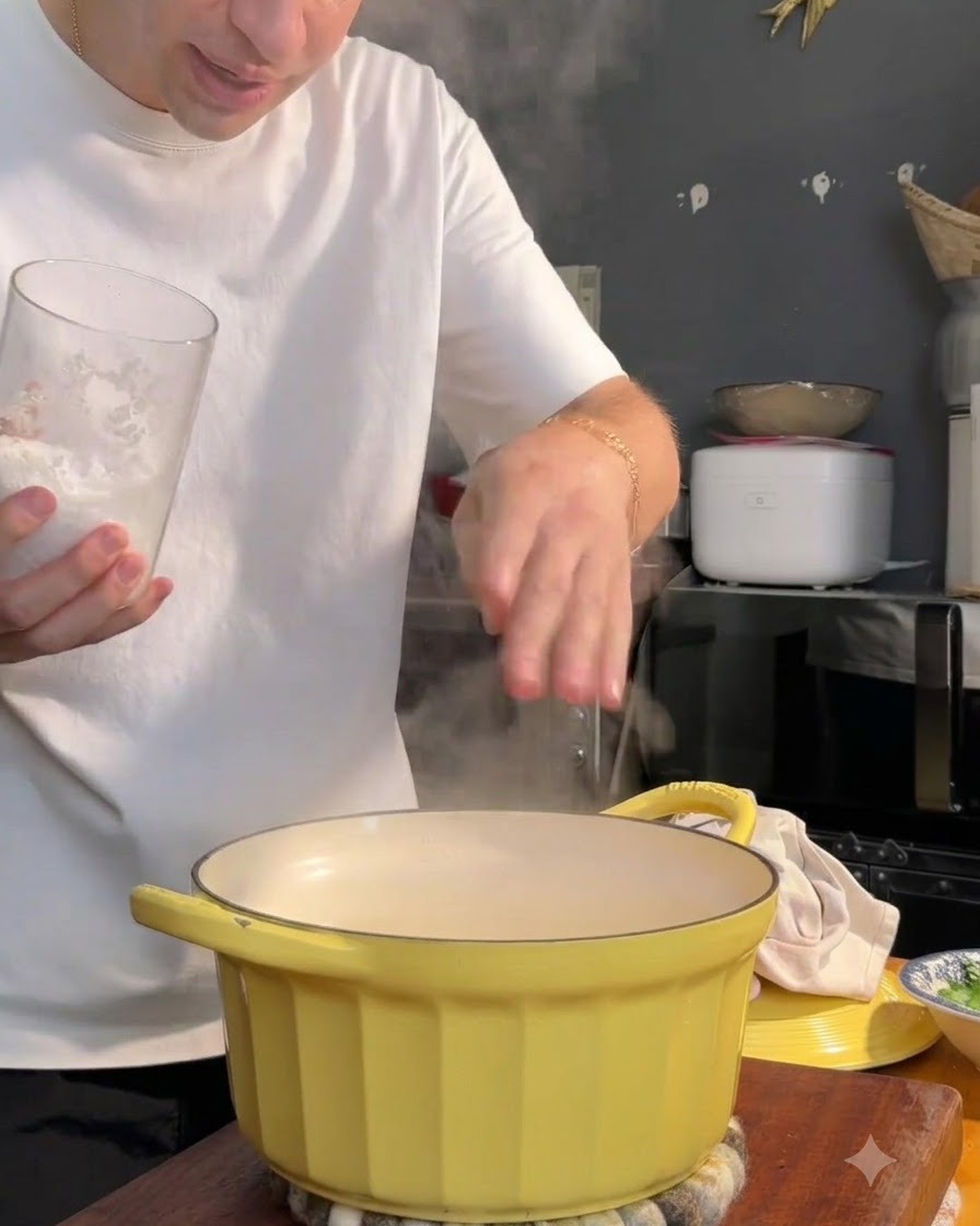 パスタの横で、塩を入れた黄色い茹で用の鍋。