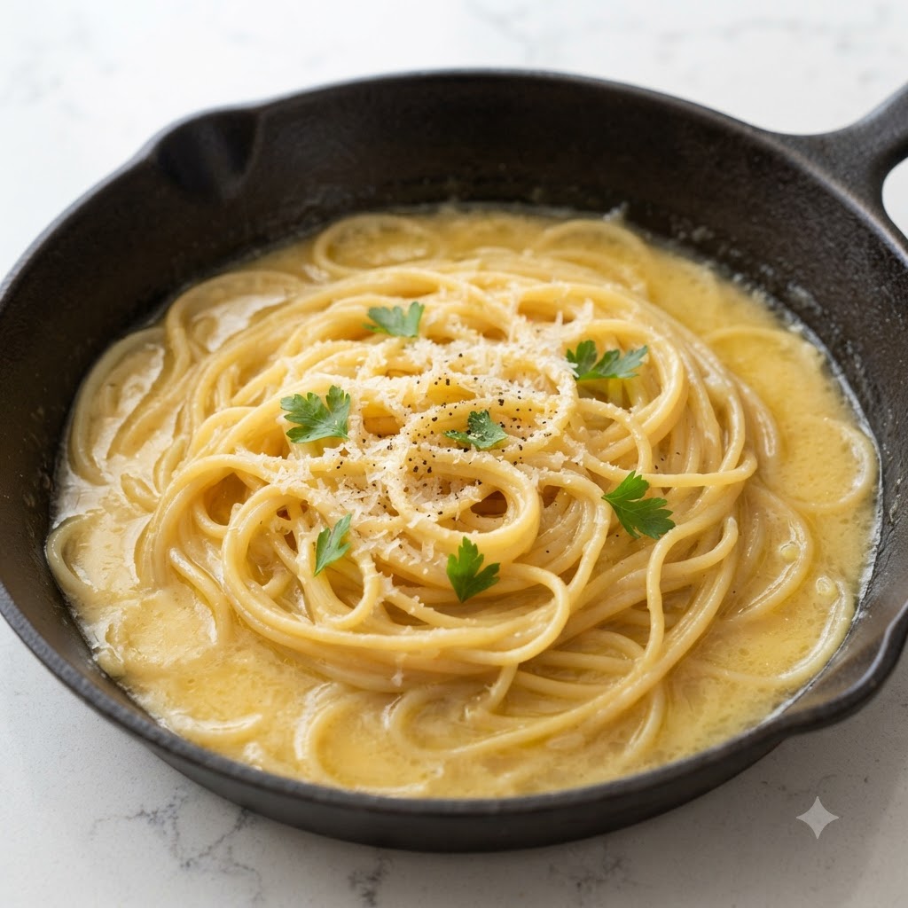 鋳鉄のスキレットでパスタが煮込まれ、黄金色のソースが絡み、パセリが添えられている様子。