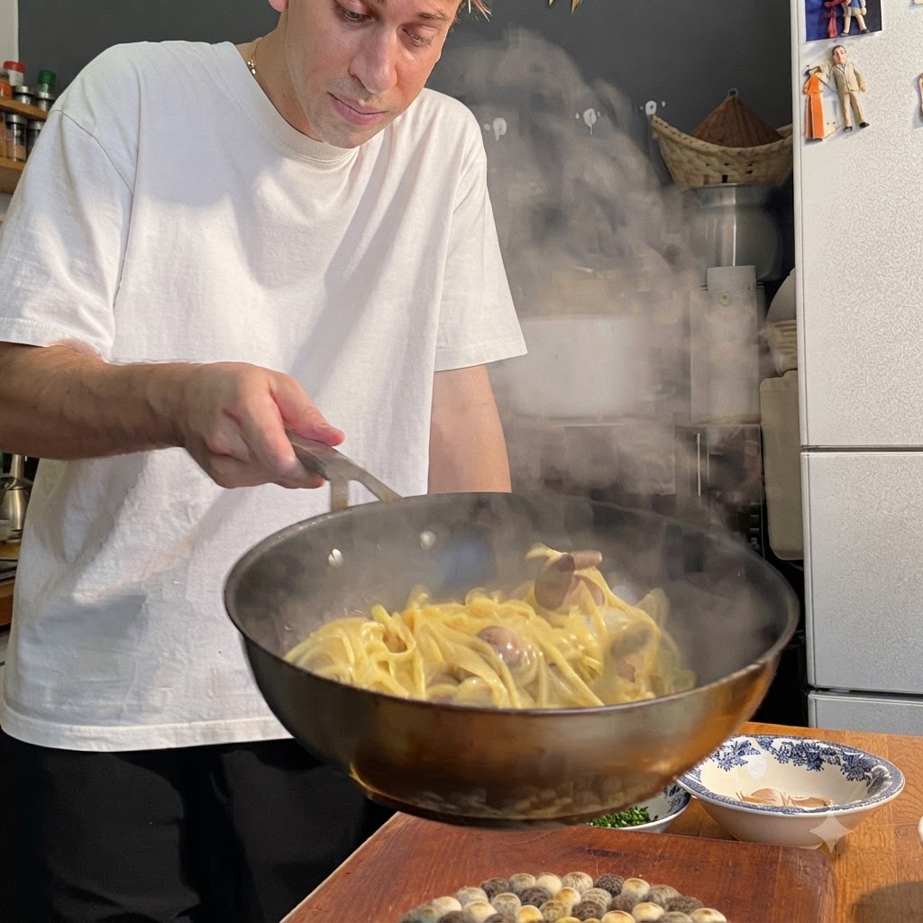 キッチンの湯気の中で、パスタとアサリを炒めながらフライパンの柄を持っている料理人。