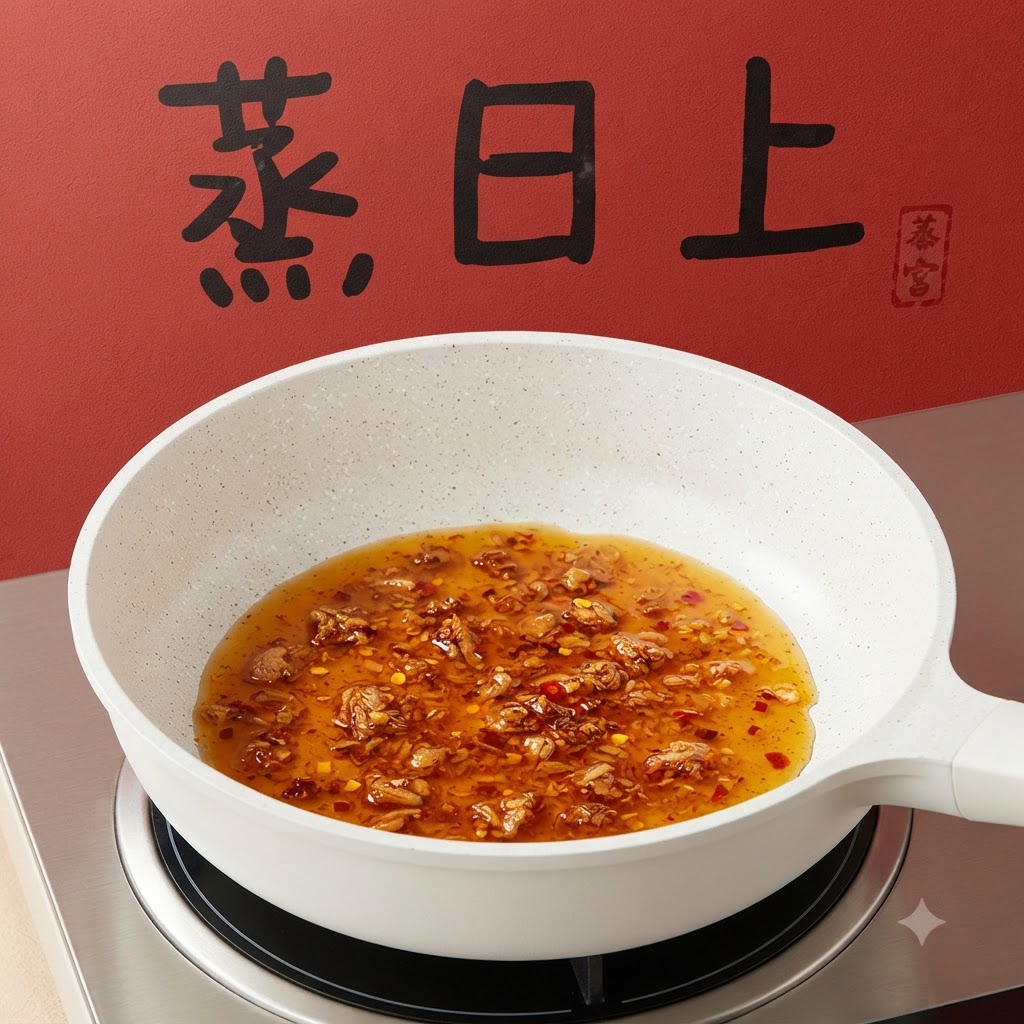 赤い背景の前で、バーナーにかけられた白いフライパンに液体ソースとフレーバーパックが入っている様子