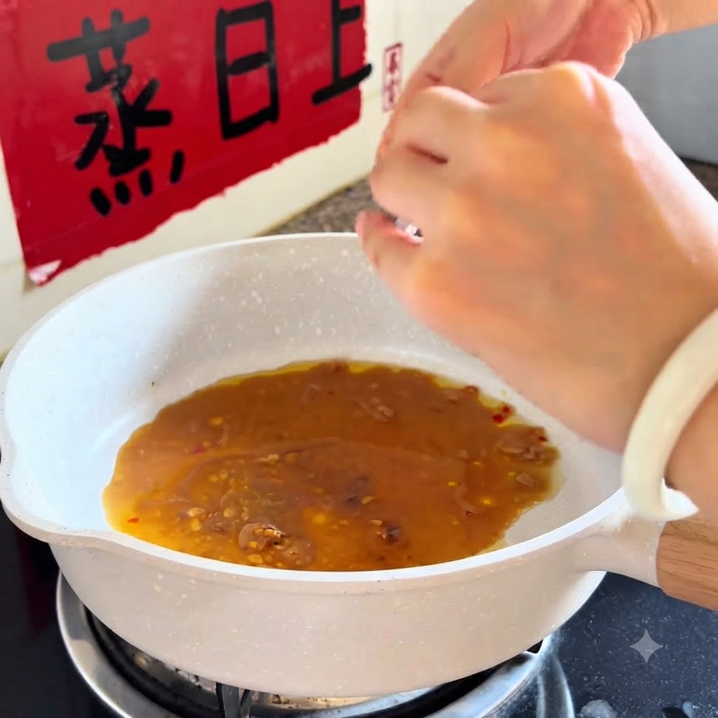 味付けされた液体が入った白いフライパンに、手でソースパックの中身をしぼり入れている様子