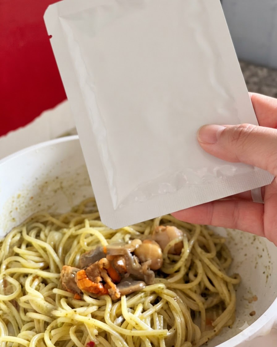 白いフライパンの上方で白いアルミパックを持ち、緑色のジェノベーゼパスタにあさりと野菜の具材を注いでいる手