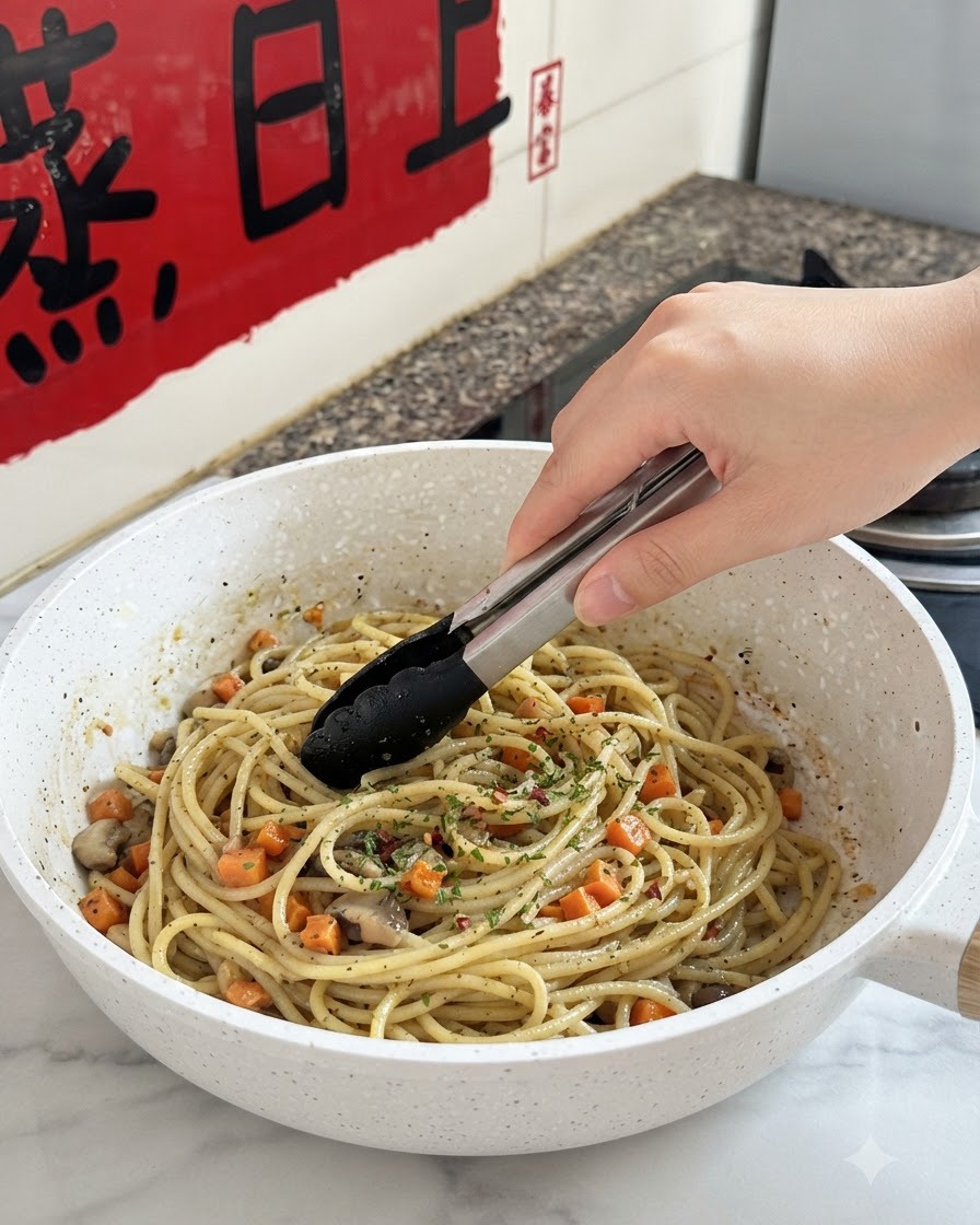 白いフライパンの中で、トングを使ってパスタ、サイコロ状のニンジン、きのこ、ハーブを一緒に混ぜ合わせている様子