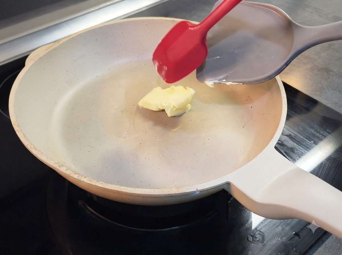 白いフライパンの中で溶けかけているバターをヘラで混ぜている様子。