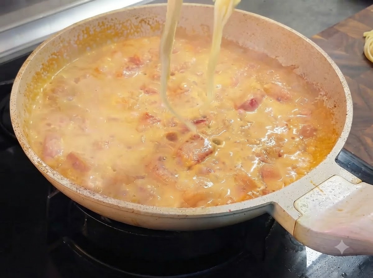 茹で上がったパスタをトングで持ち上げ、クリーミーなトマトソースの入ったフライパンに入れている様子。
