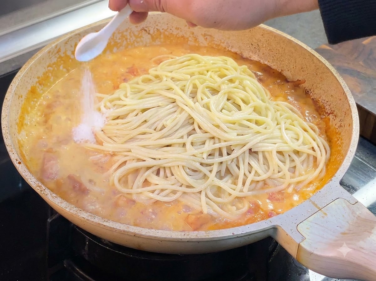 フライパンの中でクリーミートマトソースに絡んだスパゲッティに、スプーン一杯の塩をふりかけている様子。