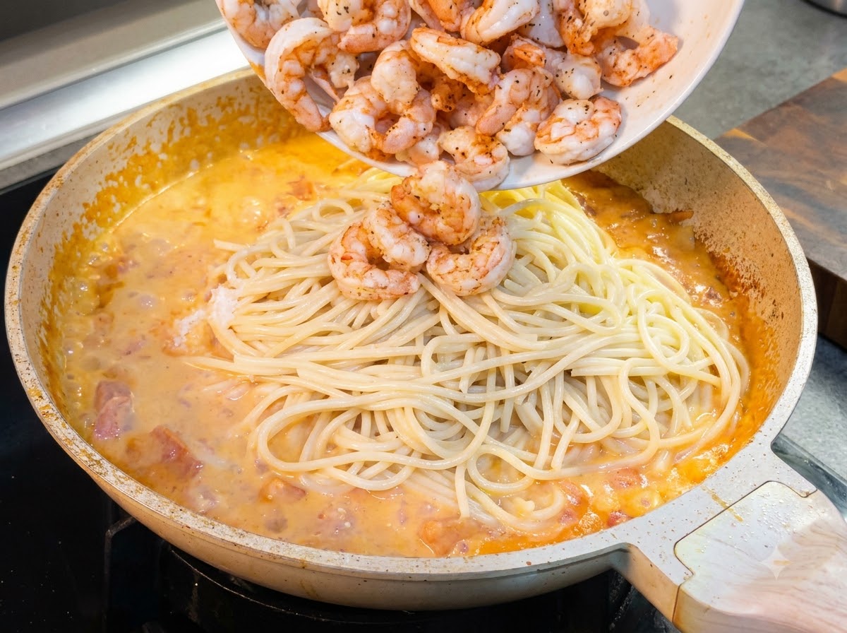 白いお皿から、スパゲッティとクリーミーなソースが入ったフライパンに、炒めたエビを流し込んでいる様子。
