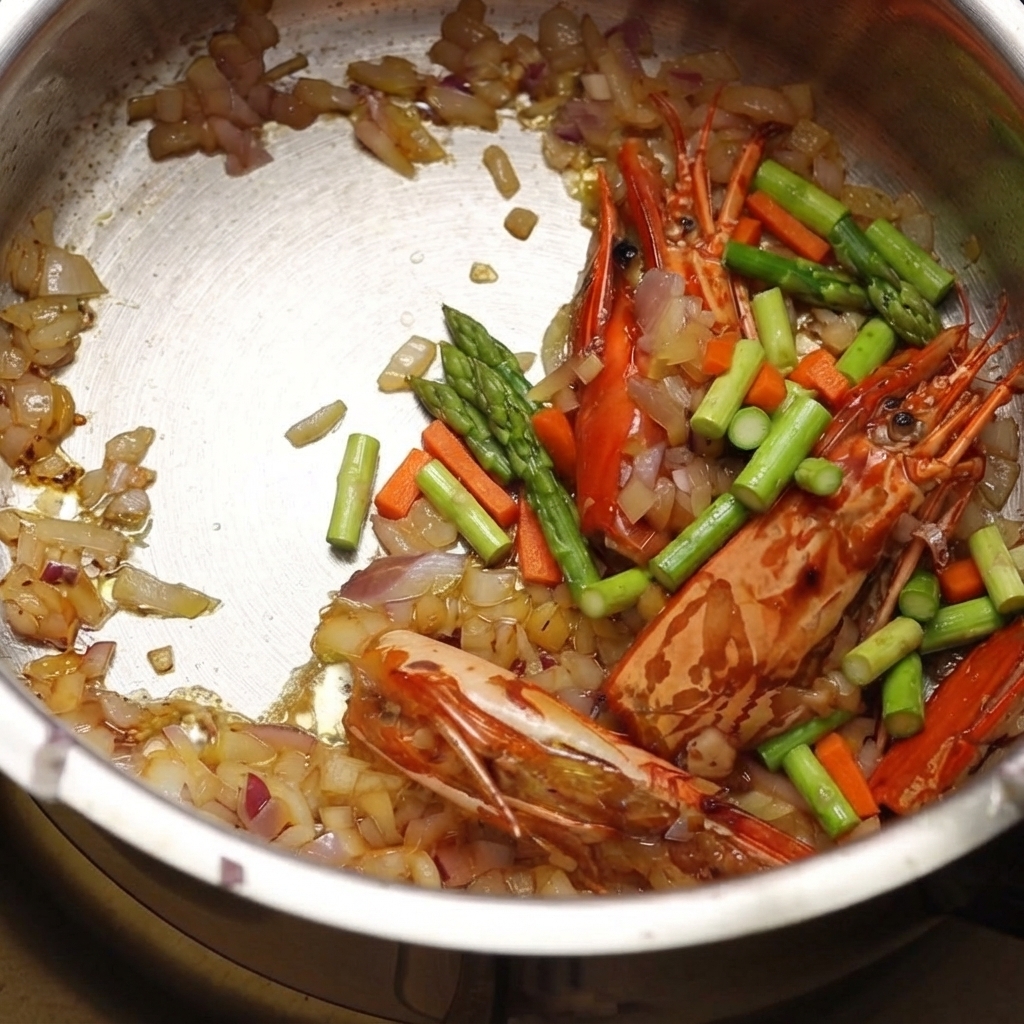 炒めた香味野菜とエビの頭が入った鍋に、細かく切ったニンジンとセロリを加えているところ