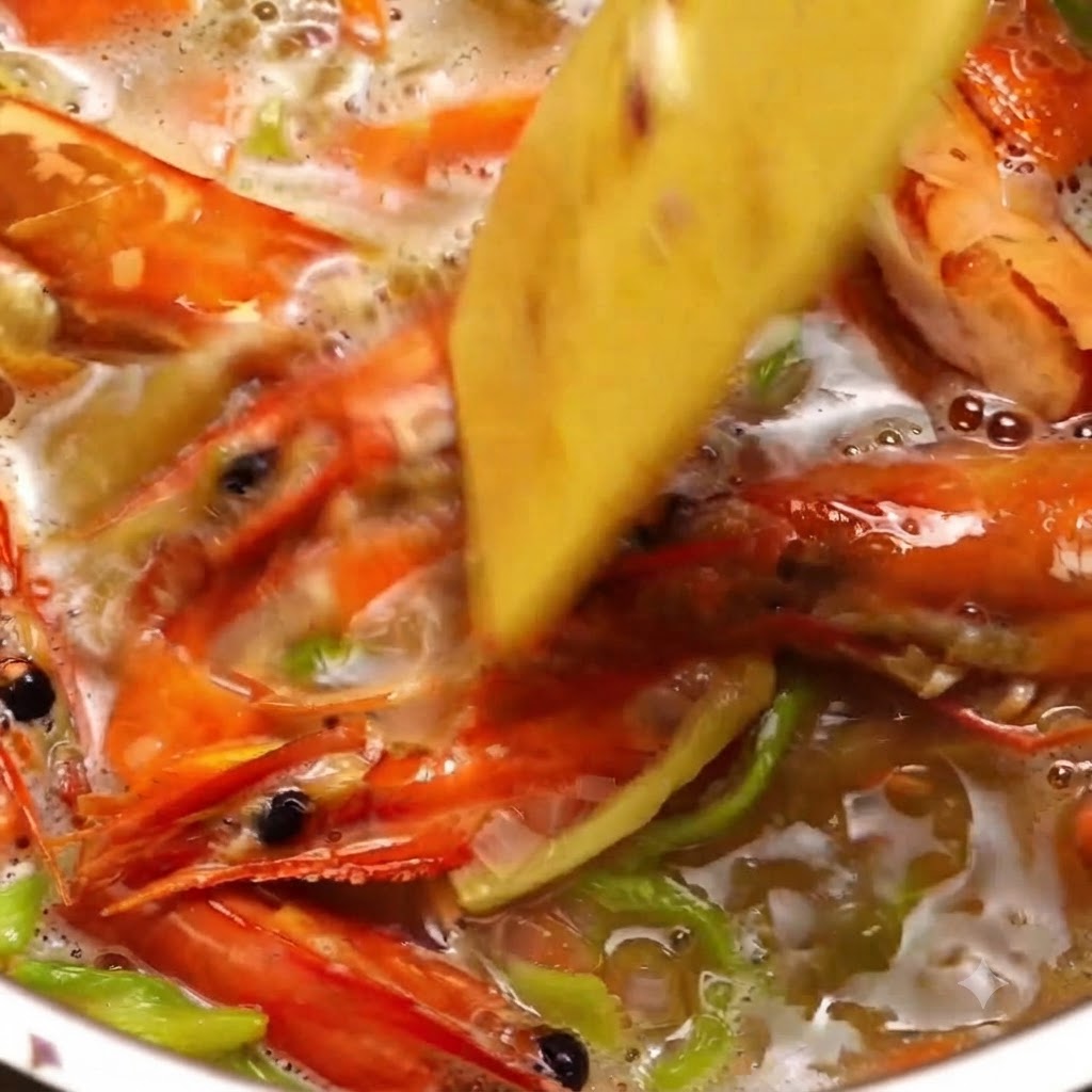 煮込んでいる鍋に、缶詰のホールトマトと水を加えて混ぜ合わせているところ