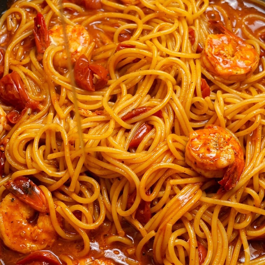 濃厚な赤いトマトソースの中で、茹で上がったスパゲッティと調理したエビを一緒に和えているフライパン