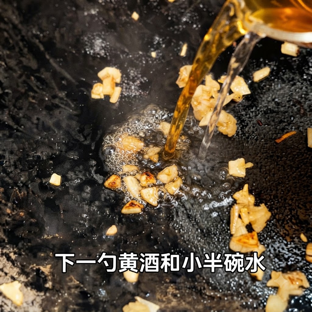 炒めたニンニクの入った熱いフライパンに、黄ワインと水が同時に注がれている様子。