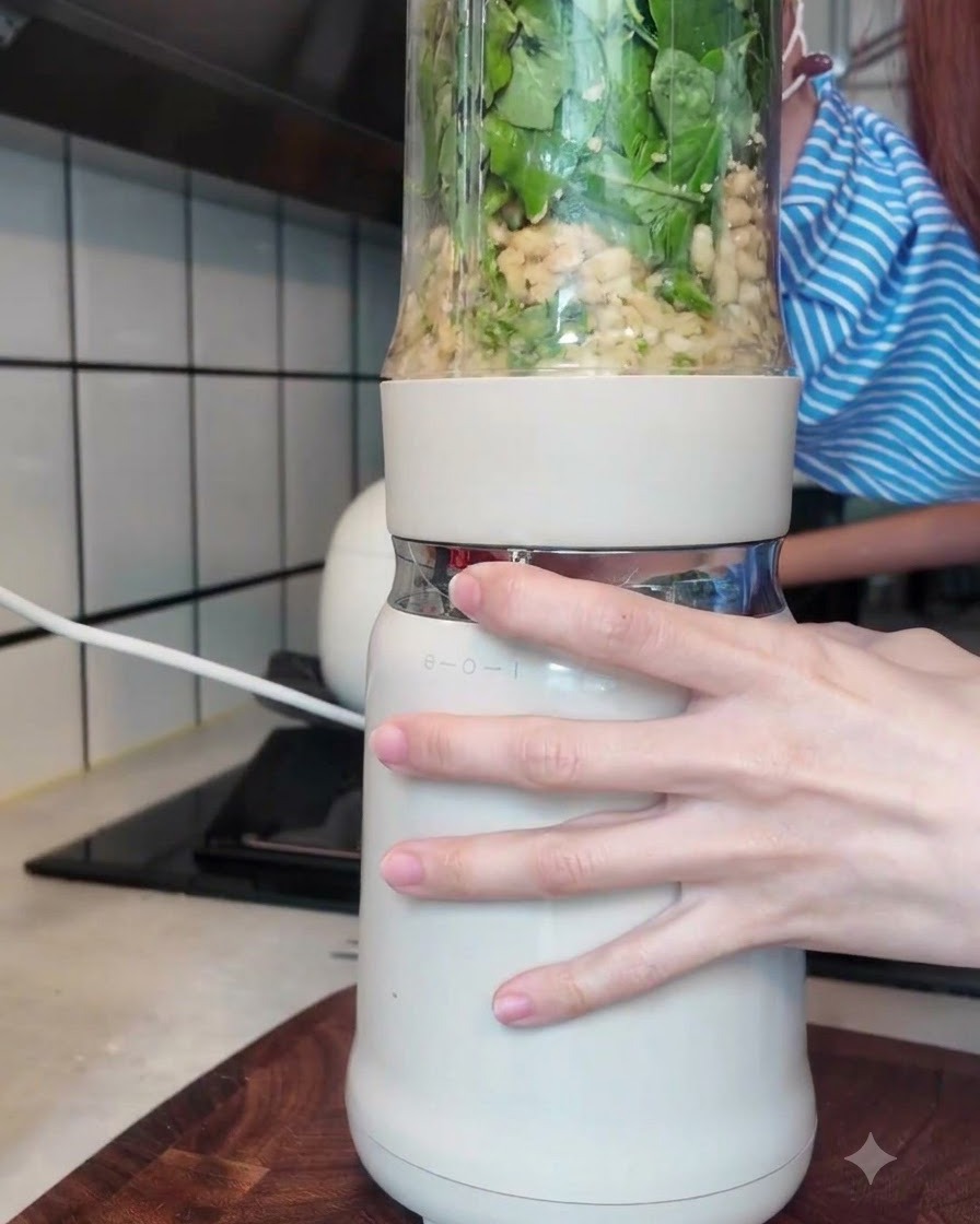 バジル、ナッツ、チーズ、オイルをミキサーにかけて、鮮やかなグリーンの滑らかなソースを作っている様子。