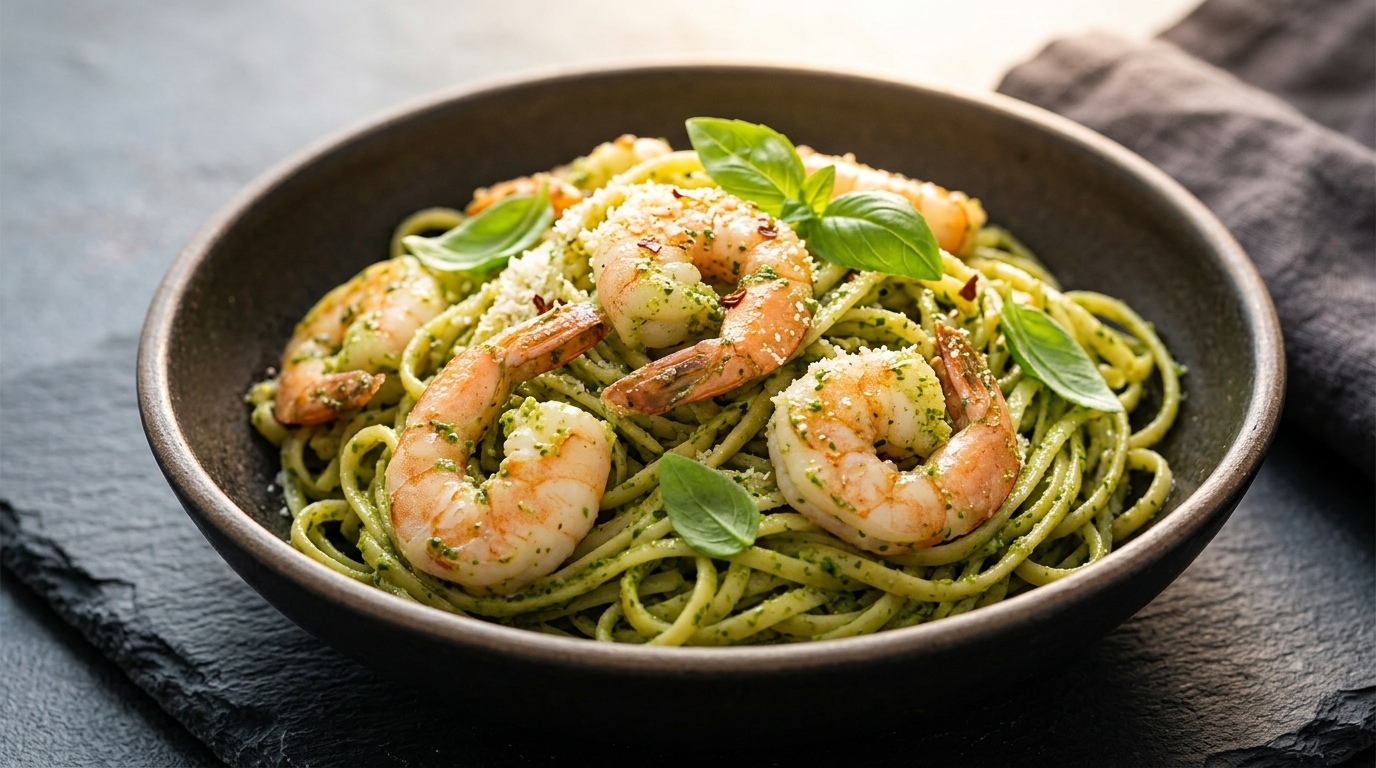 フレッシュバジルとエビの本格ジェノベーゼパスタ