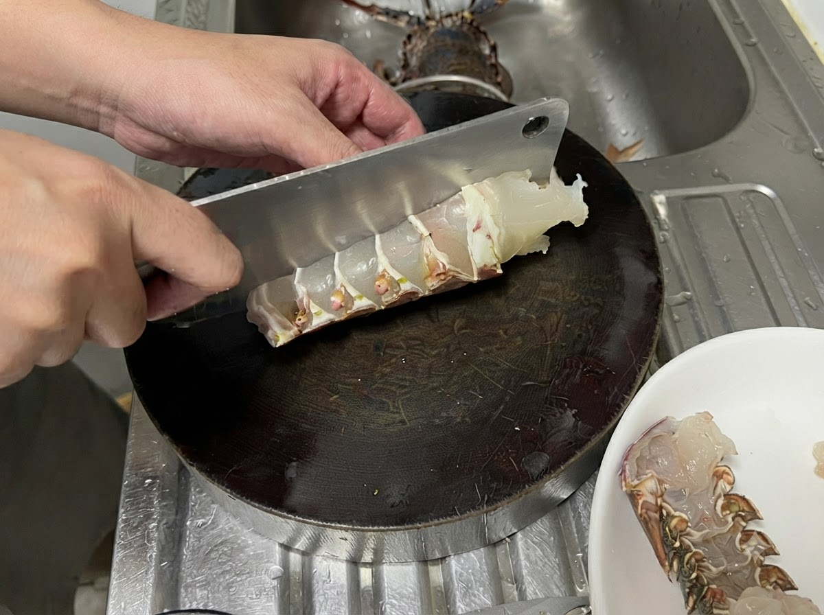 暗い丸いまな板の上で、大きな金属製の中華包丁が生のロブスターの尾を厚く均等な大きさに切っているところ。