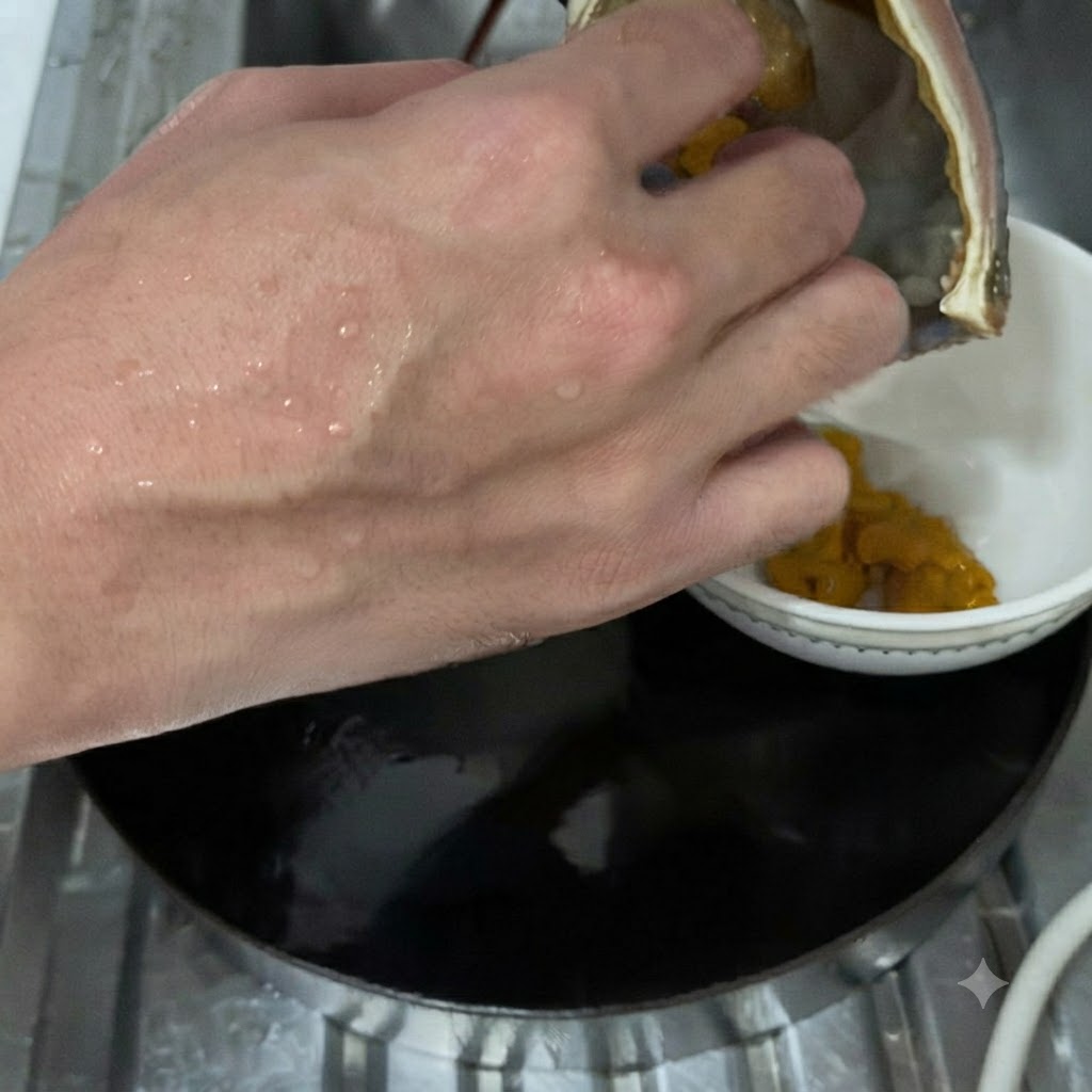 小さな白いボウルに、ロブスターの頭の空洞から黄色いエビ味噌をスプーンですくい出している手。