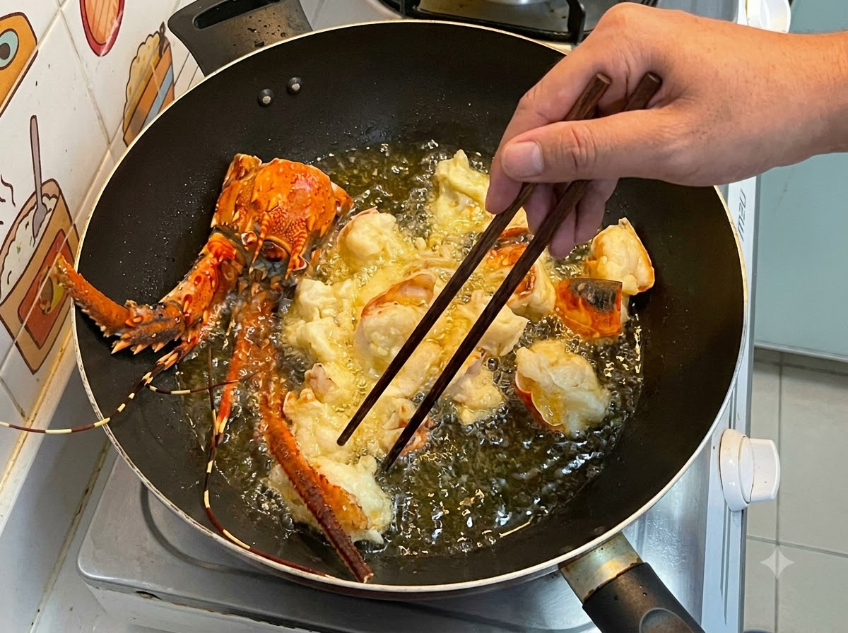 中華鍋の中の熱く泡立つ油で、衣をつけたロブスターの身と殻が揚げられているところ。
