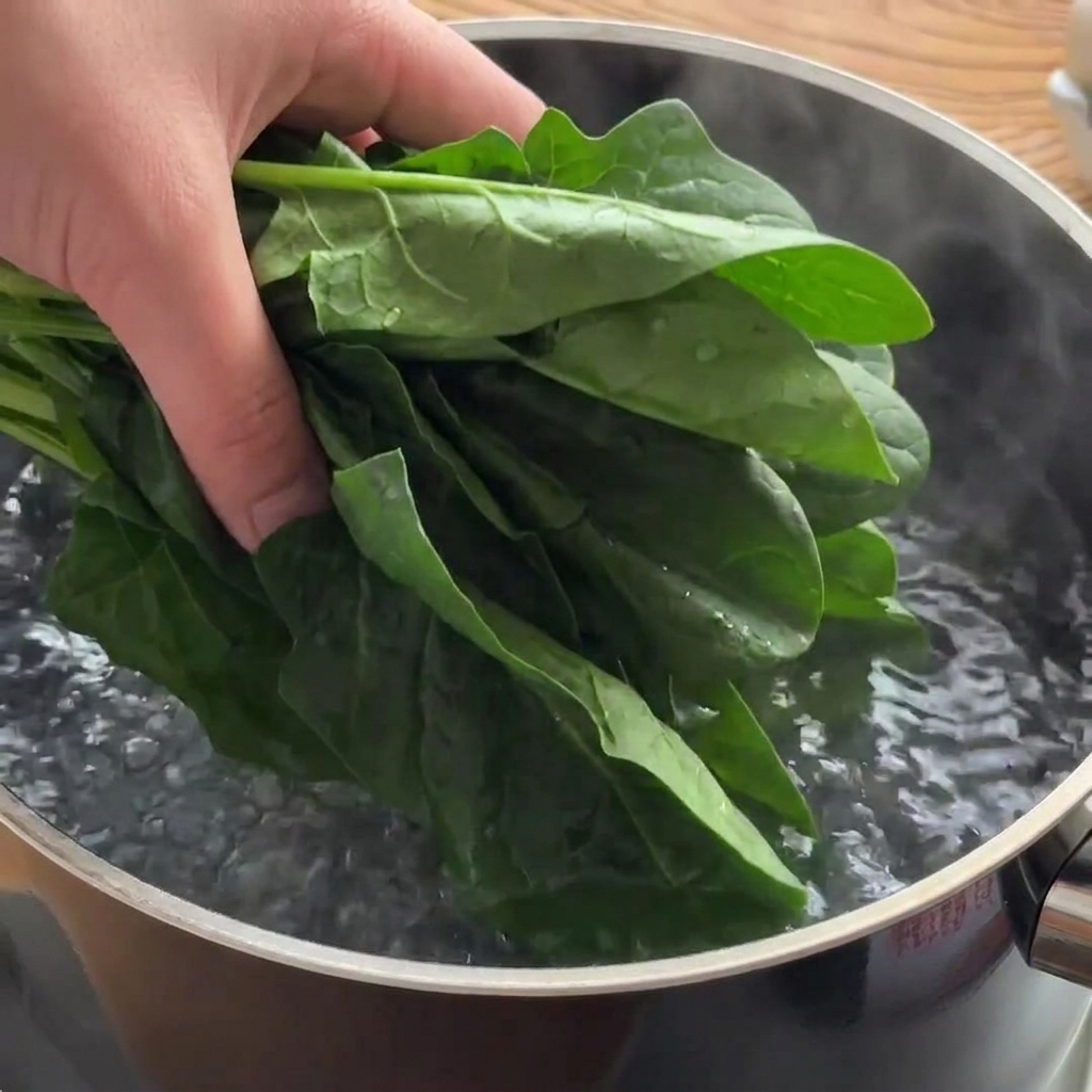 新鮮な緑色のほうれん草の葉を持ち、沸騰したお湯の鍋に入れている手。