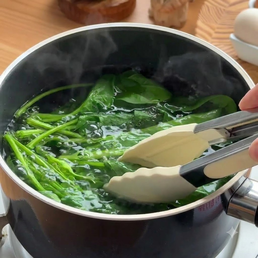 沸騰したお湯から取り出した緑色のほうれん草の葉を、氷水に入れているところ。