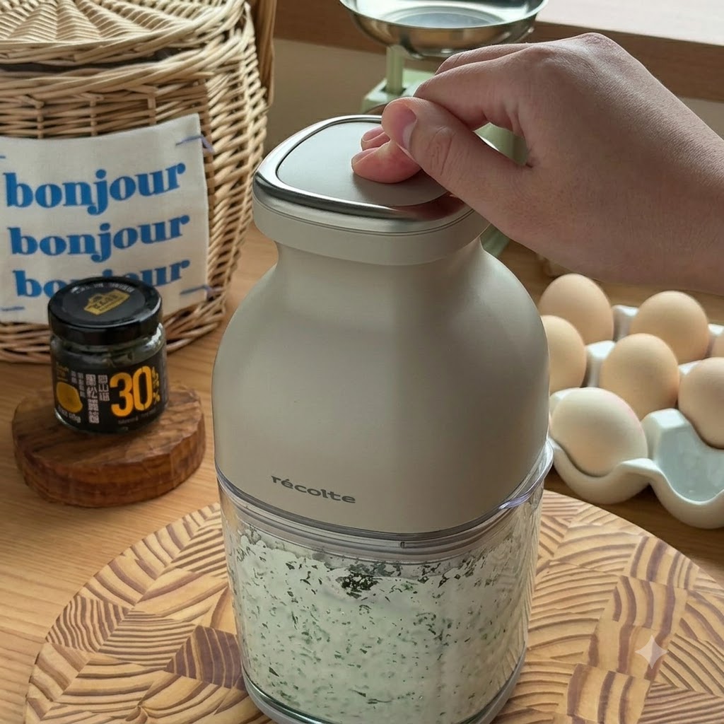 食材を緑色のソース状に混ぜ合わせているベージュ色のフードプロセッサーの蓋を上から押さえている手。