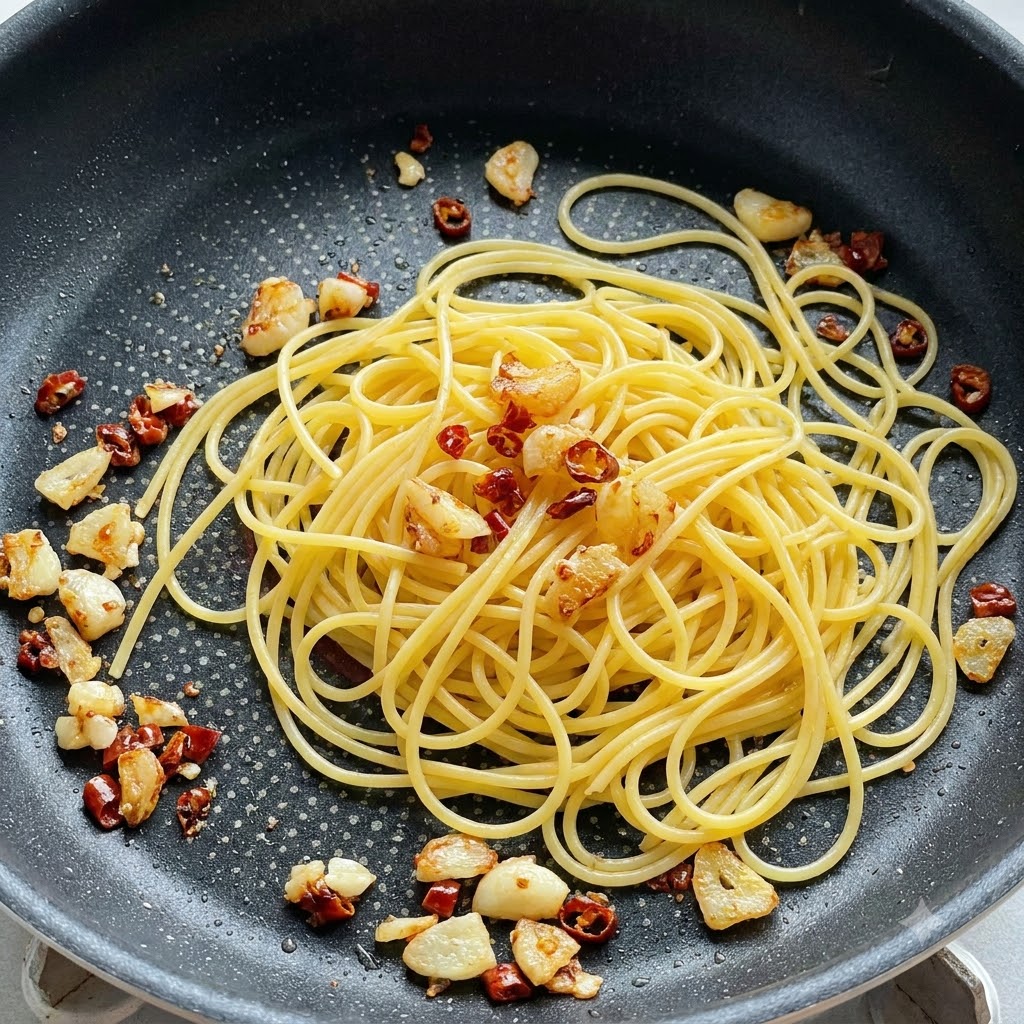 炒めたにんにくと唐辛子の入ったフライパンで、茹で上がったスパゲッティの麺が入っているところ。